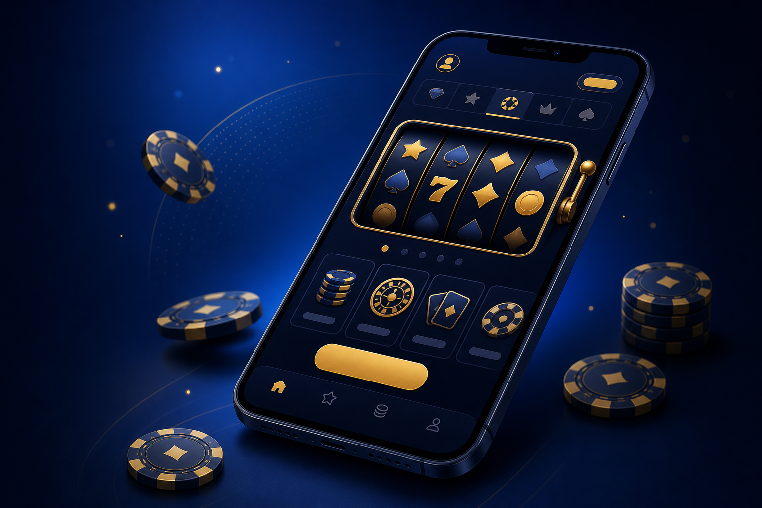 Stilisierte Darstellung: Smartphone mit mobiler Casino-Oberfläche in dunklem Design mit goldenen Akzenten