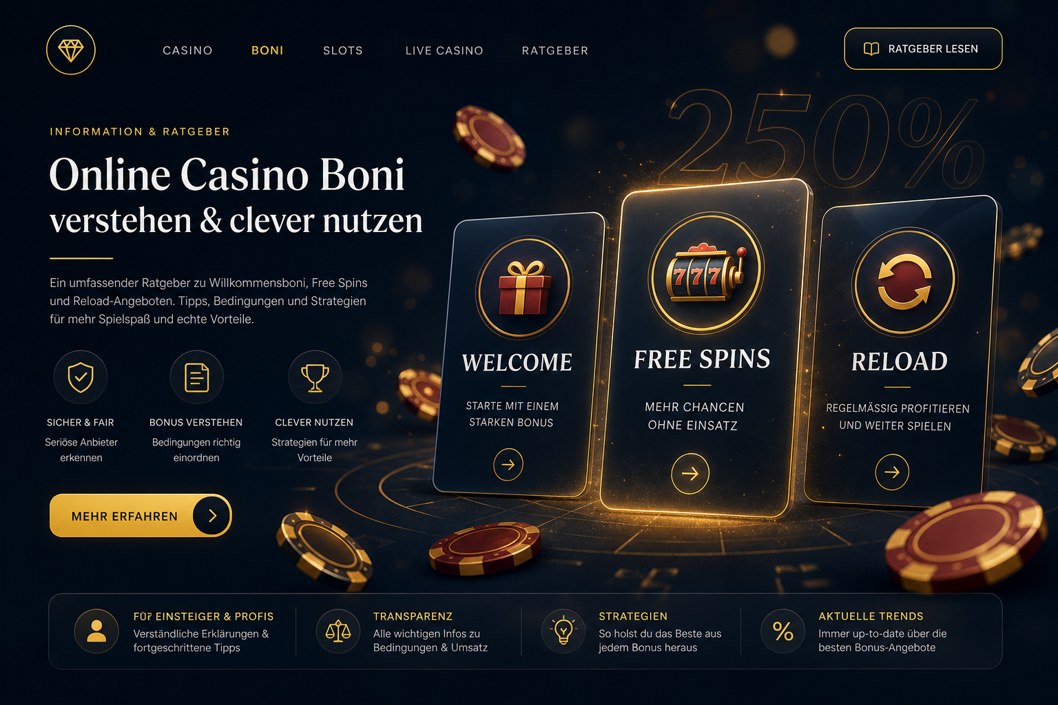 Stilisierte Darstellung: Bonus-Karten, Casino-Chips und Aktionen-UI in dunklem Design mit goldenen Akzenten